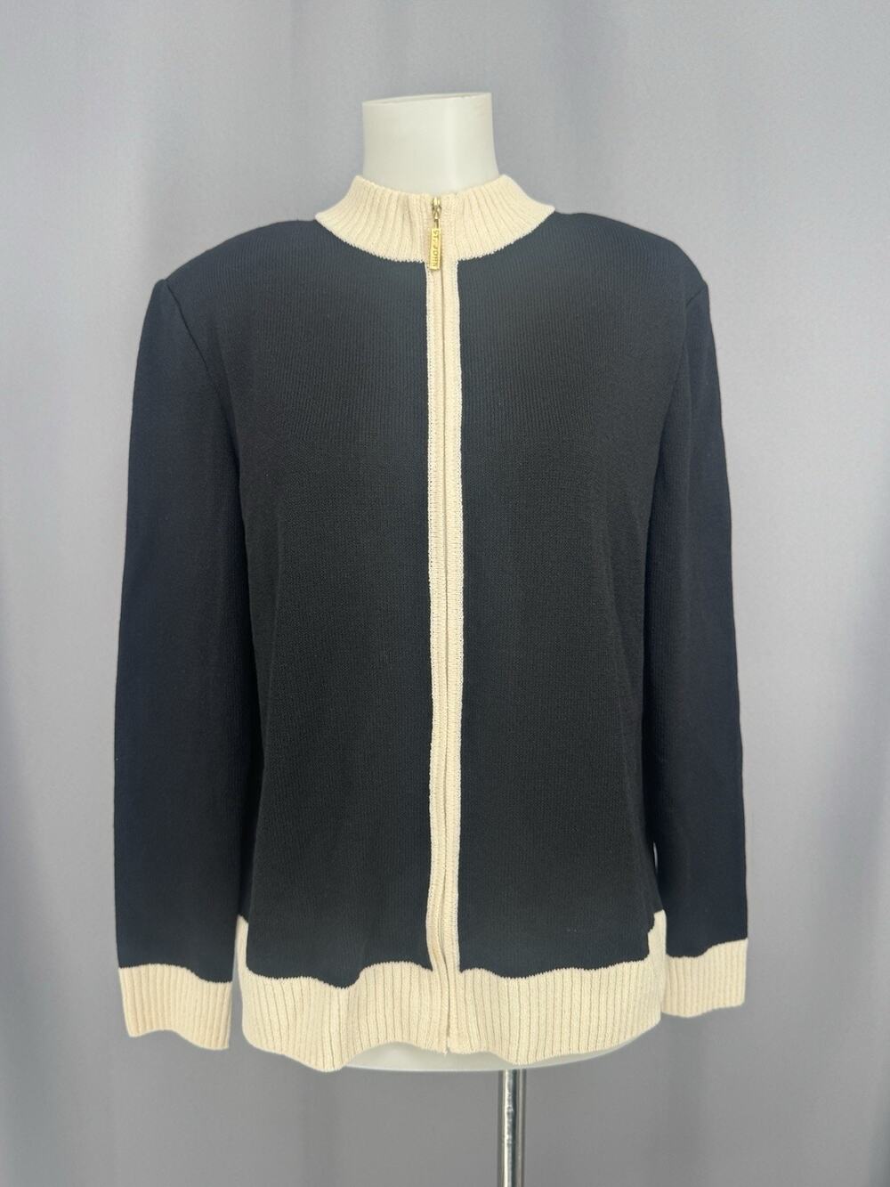 Vintage ST JOHN Cardigan Womens Medium Black Ivory‎ Full Zip Wool Blend